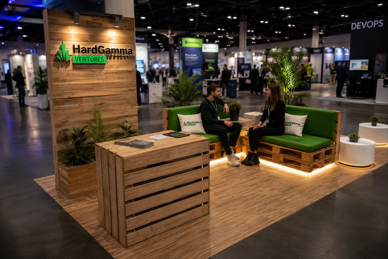 HardGamma Ventures exhibition lounge made from wooden pallets with green seating