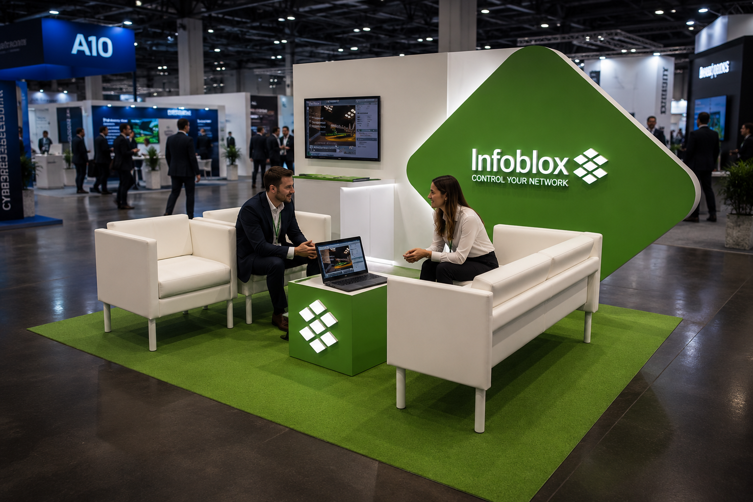 Infoblox exhibition stand with a green branded wall and white meeting furniture