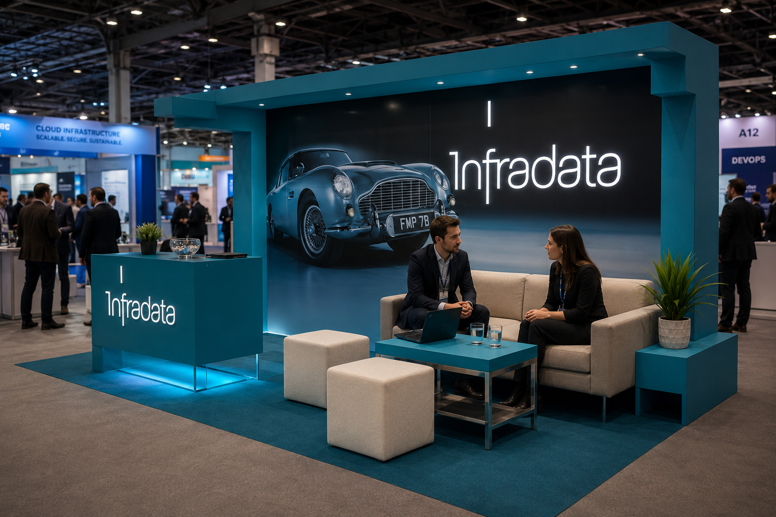 Infradata exhibition stand with a classic car graphic and illuminated reception counter