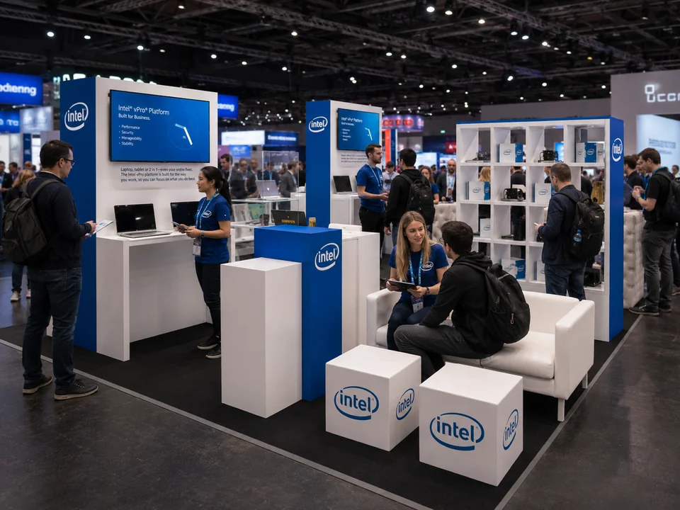 Intel technology exhibition stand with product displays and visitor meeting area