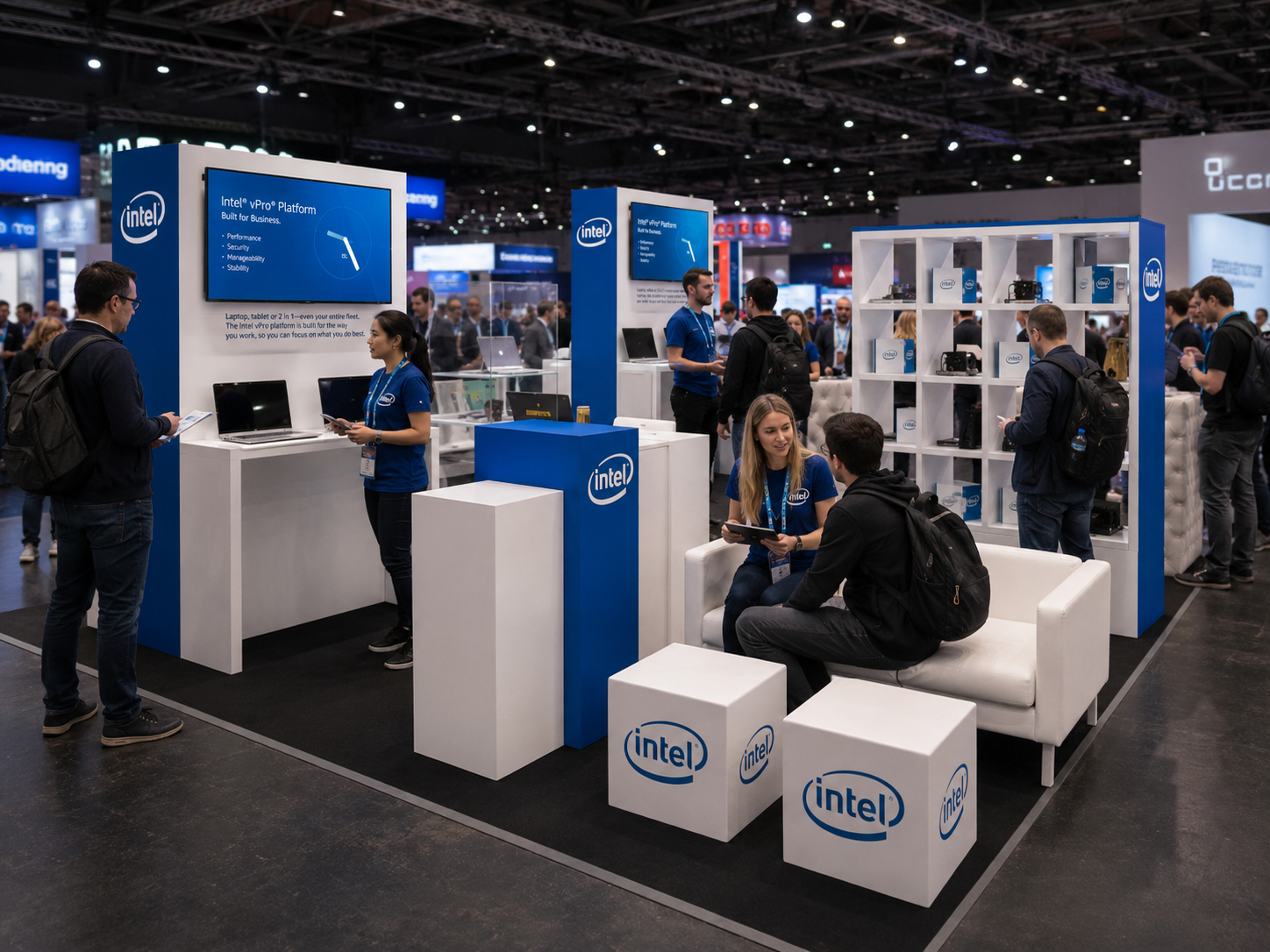 Intel technology exhibition stand with product displays and visitor meeting area