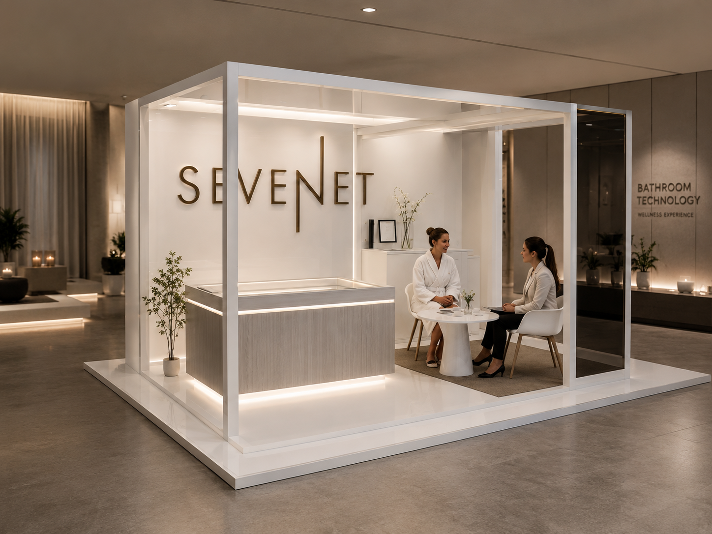 Sevenet exhibition stand presenting modern bathroom technology in a minimalist space
